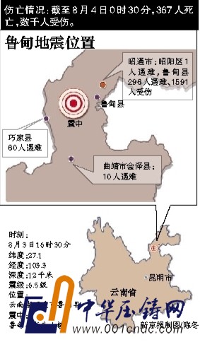 8月3日，救援人員在云南魯?shù)榭h地震現(xiàn)場(chǎng)救援。該地發(fā)生6.5級(jí)地震，為14年來最大震級(jí)。新華社發(fā)